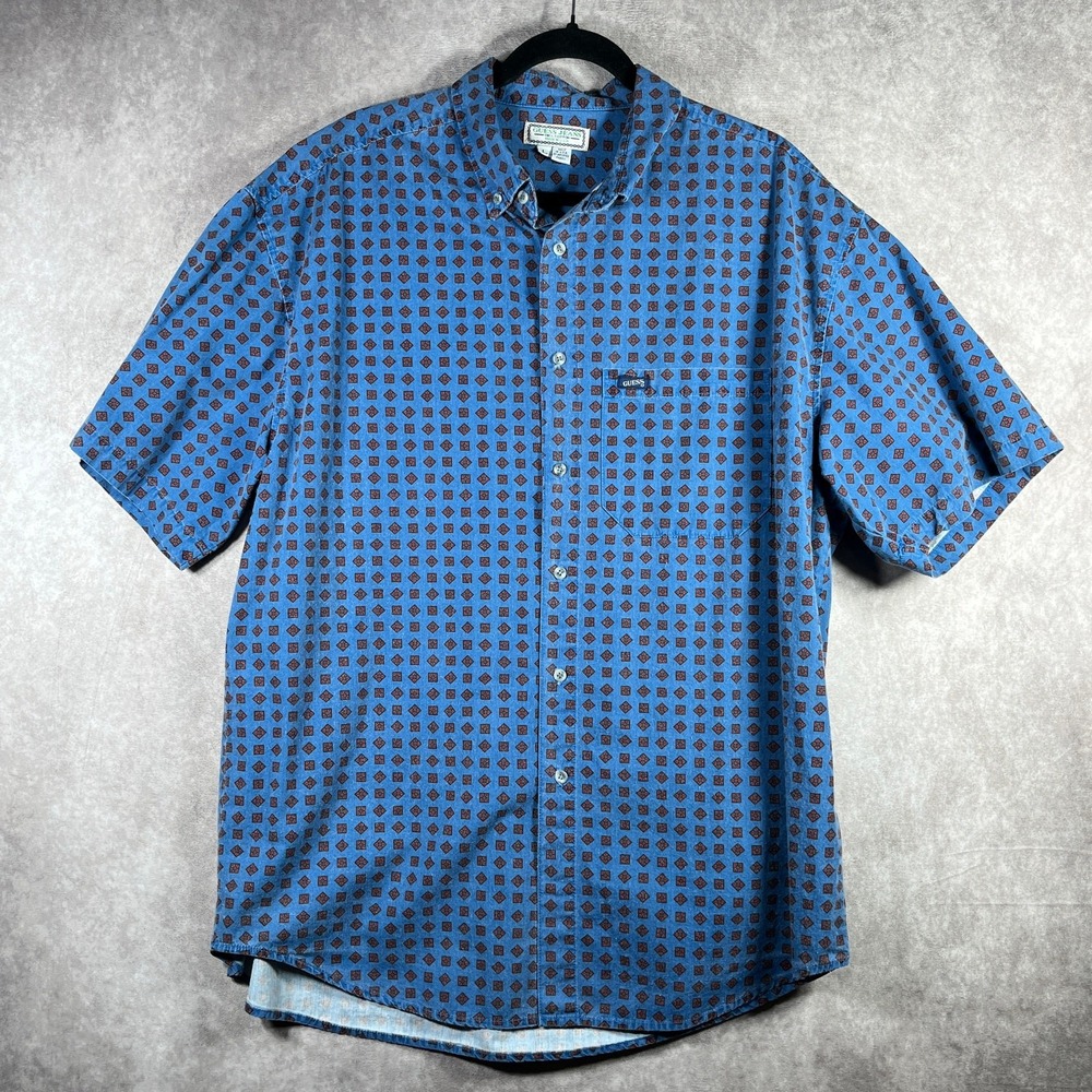 Vintage Guess Jeans Shirt Men L Blue Single Stitch Button Short Sleeve 90s USA